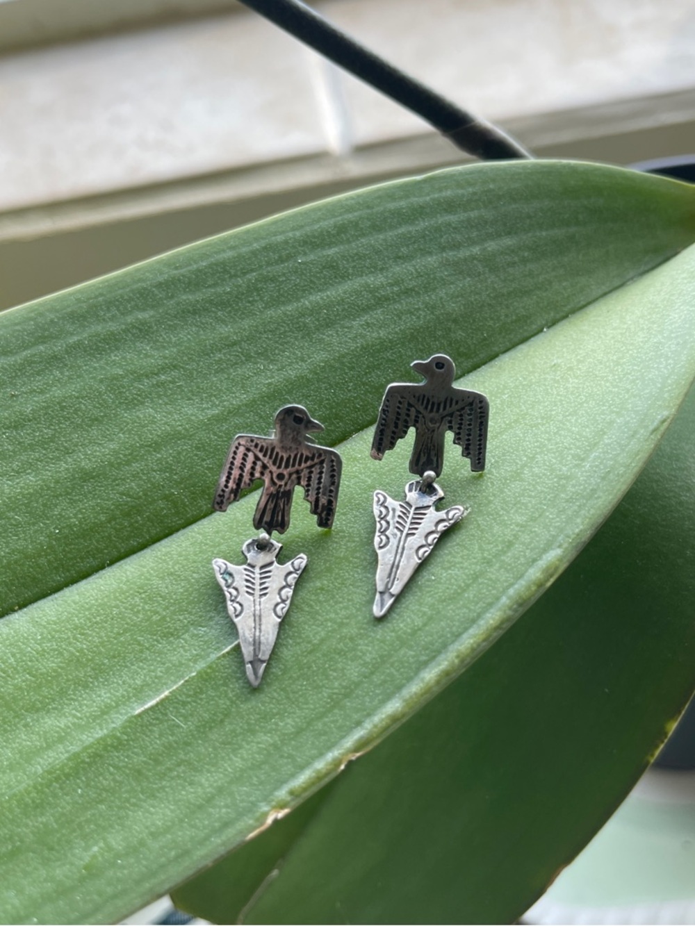 Vintage Sterling Silver Thunderbird Arrowhead Drop Earrings